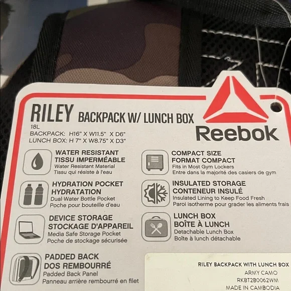 NWT Reebok Riley Backpack W/Lunch Box - Picture 9 of 9